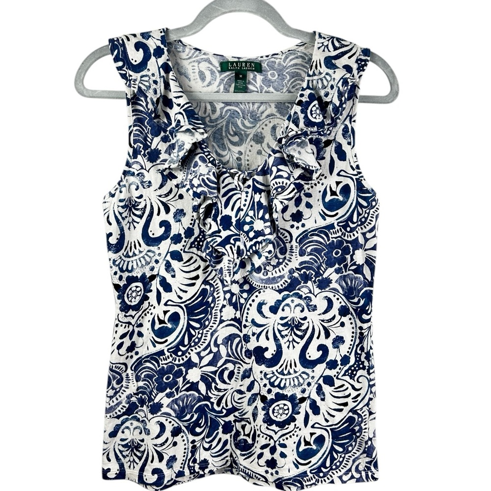 Lauren Ralph Lauren sleeveless white and blue top with ruffle at the V neck